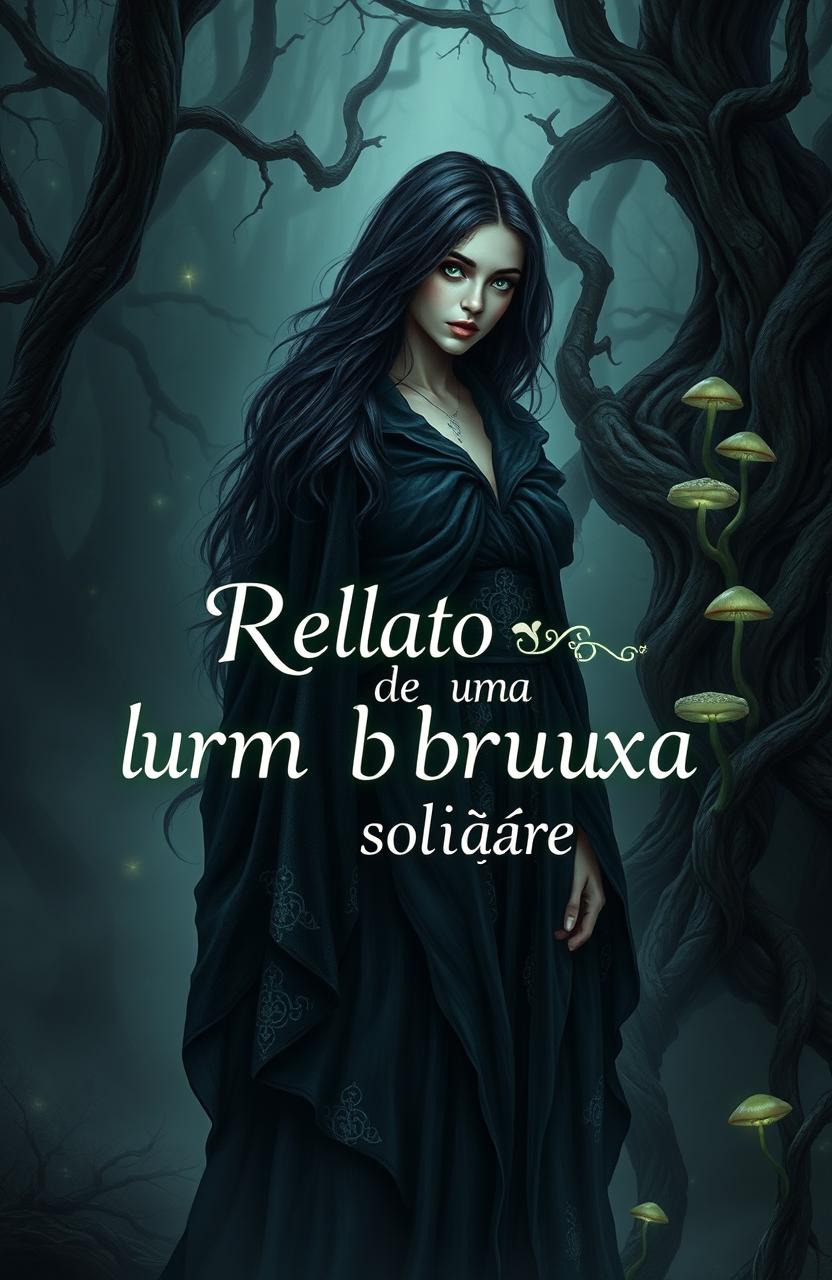 A dark-haired witch standing in a shadowy forest, surrounded by twisted trees and mist, with an air of mystery and solitude