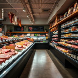 Well-organized and inviting meat section in a supermarket, featuring a variety of high-quality meats displayed on ice