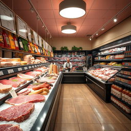 Well-organized and inviting meat section in a supermarket, featuring a variety of high-quality meats displayed on ice