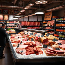 Well-organized and inviting meat section in a supermarket, featuring a variety of high-quality meats displayed on ice