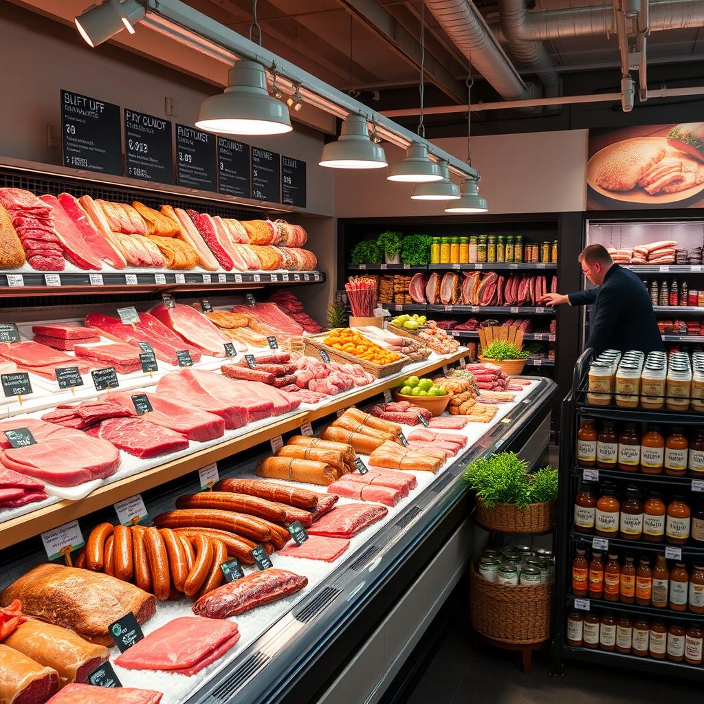 Well-organized and inviting meat section in a supermarket, featuring a variety of high-quality meats displayed on ice