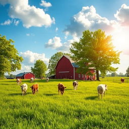 A serene pastoral scene depicting a lush green meadow filled with grazing cows