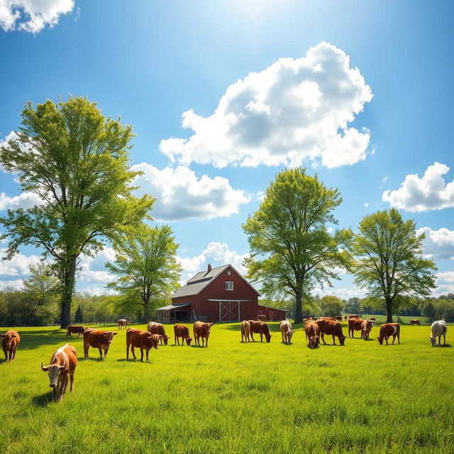 A serene pastoral scene depicting a lush green meadow filled with grazing cows