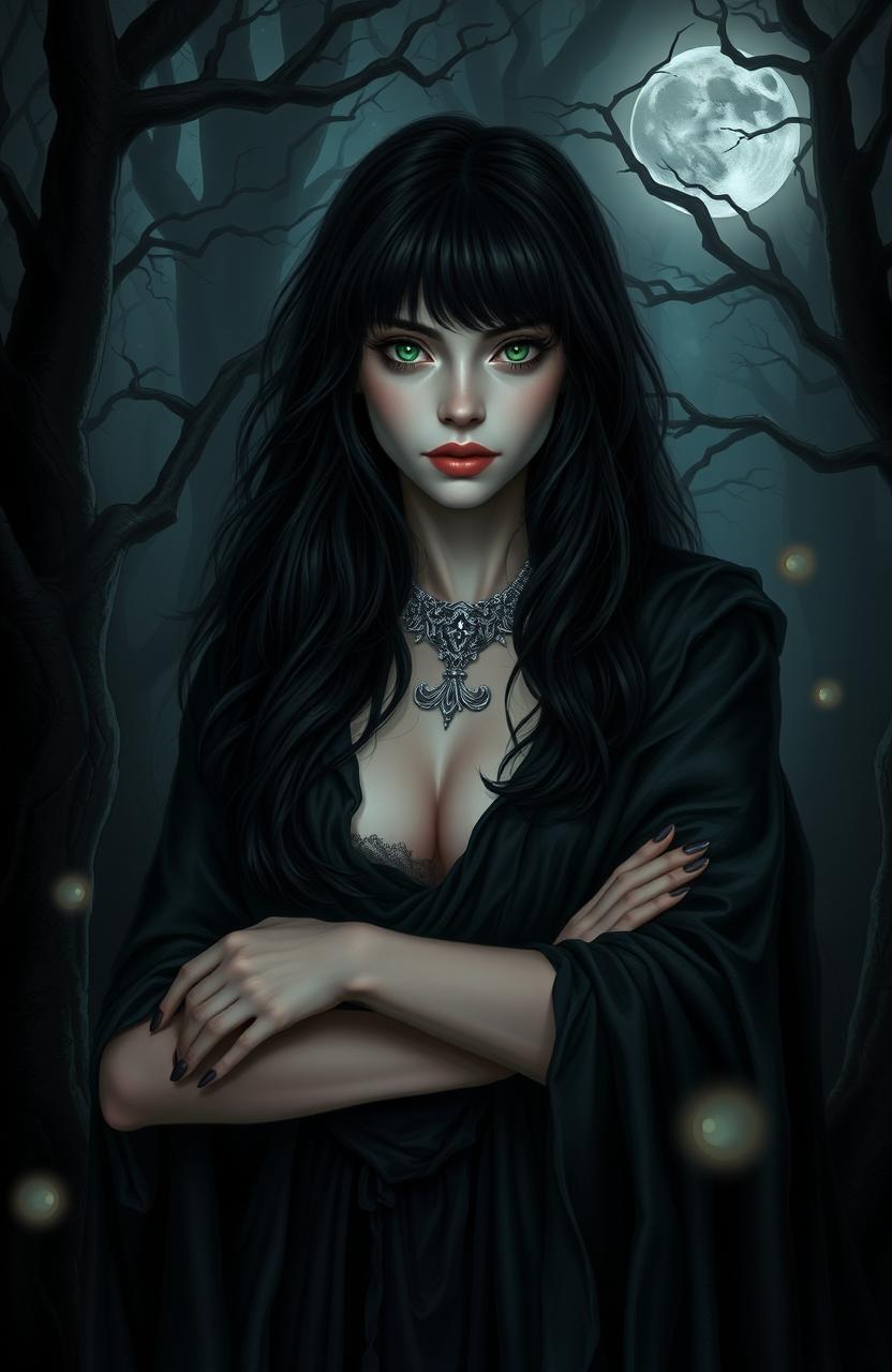 A dark haired witch standing confidently in a shadowy forest