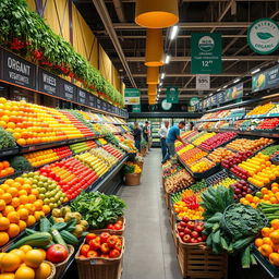 Vibrant and colorful fruit and vegetable section in a supermarket, displaying an abundant variety of fresh produce