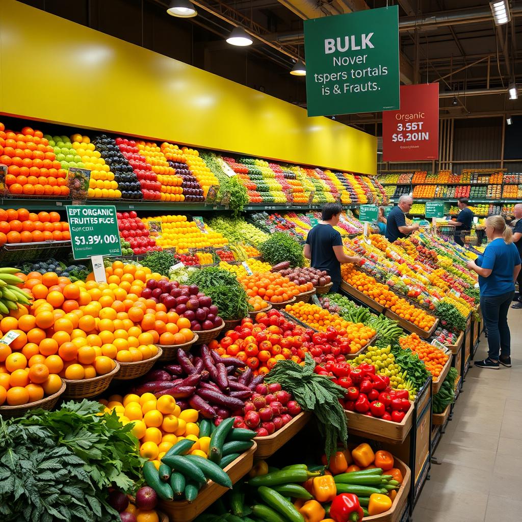 Vibrant and colorful fruit and vegetable section in a supermarket, displaying an abundant variety of fresh produce