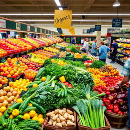 Vibrant and colorful fruit and vegetable section in a supermarket, displaying an abundant variety of fresh produce