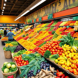 Vibrant and colorful fruit and vegetable section in a supermarket, displaying an abundant variety of fresh produce