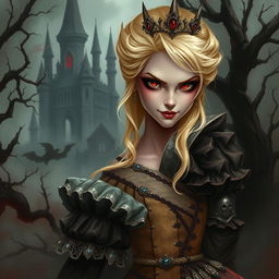A dark fantasy scene featuring an evil blonde princess with striking red eyes and a mischievous smirk
