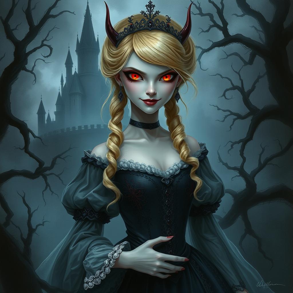 A dark fantasy scene featuring an evil blonde princess with striking red eyes and a mischievous smirk