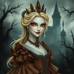 A dark fantasy scene featuring an evil blonde princess with striking red eyes and a mischievous smirk