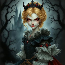 A dark fantasy scene featuring an evil blonde princess with striking red eyes and a mischievous smirk