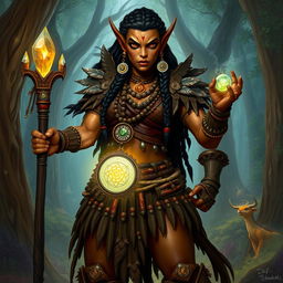 A powerful orc priestess standing tall and proud, her skin a rich earthy brown color, adorned in intricate tribal armor made of leather and beads