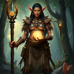 A powerful orc priestess standing tall and proud, her skin a rich earthy brown color, adorned in intricate tribal armor made of leather and beads