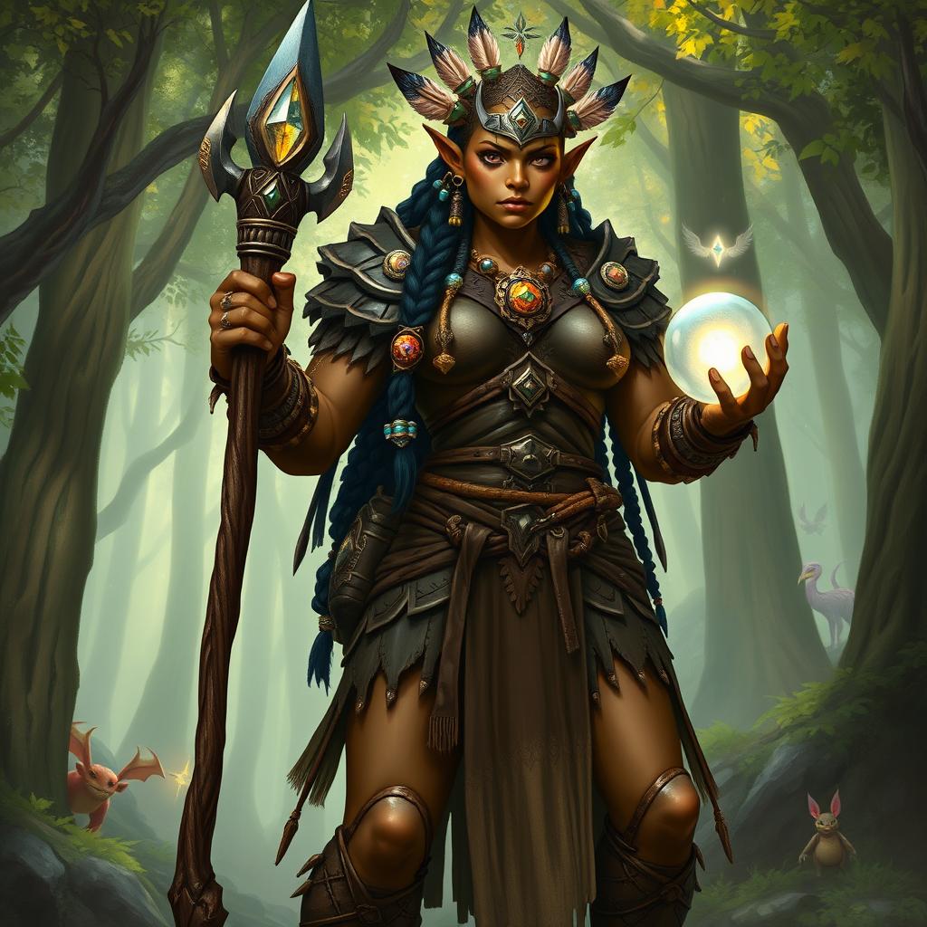 A powerful orc priestess standing tall and proud, her skin a rich earthy brown color, adorned in intricate tribal armor made of leather and beads