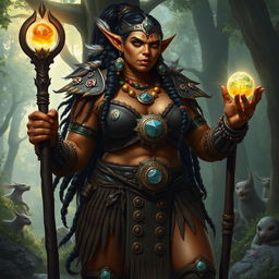 A powerful orc priestess standing tall and proud, her skin a rich earthy brown color, adorned in intricate tribal armor made of leather and beads