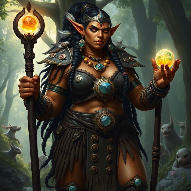 A powerful orc priestess standing tall and proud, her skin a rich earthy brown color, adorned in intricate tribal armor made of leather and beads