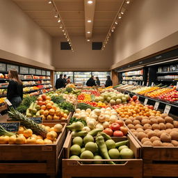 Subdued and minimalist fruit and vegetable section in a supermarket, featuring a more muted color palette to create a calm and sophisticated atmosphere