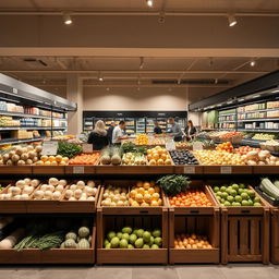 Subdued and minimalist fruit and vegetable section in a supermarket, featuring a more muted color palette to create a calm and sophisticated atmosphere