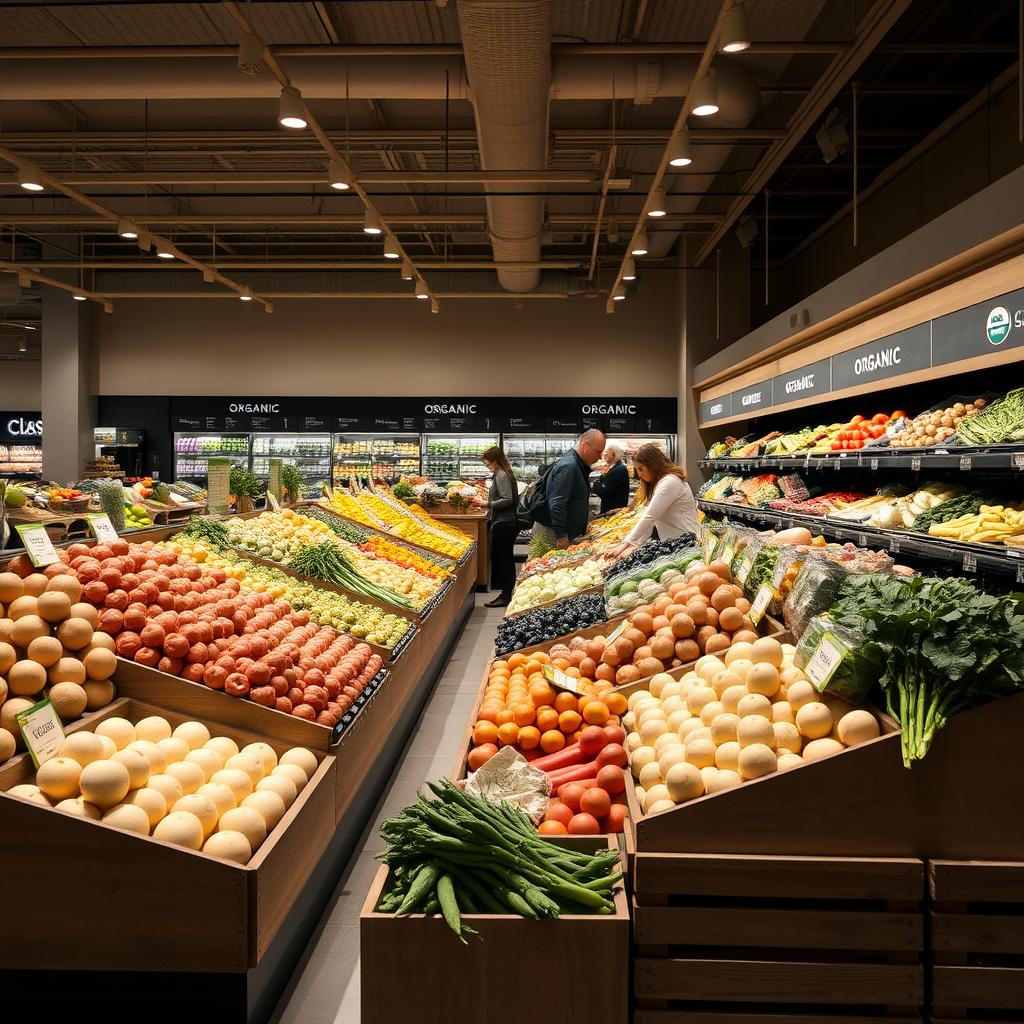 Subdued and minimalist fruit and vegetable section in a supermarket, featuring a more muted color palette to create a calm and sophisticated atmosphere