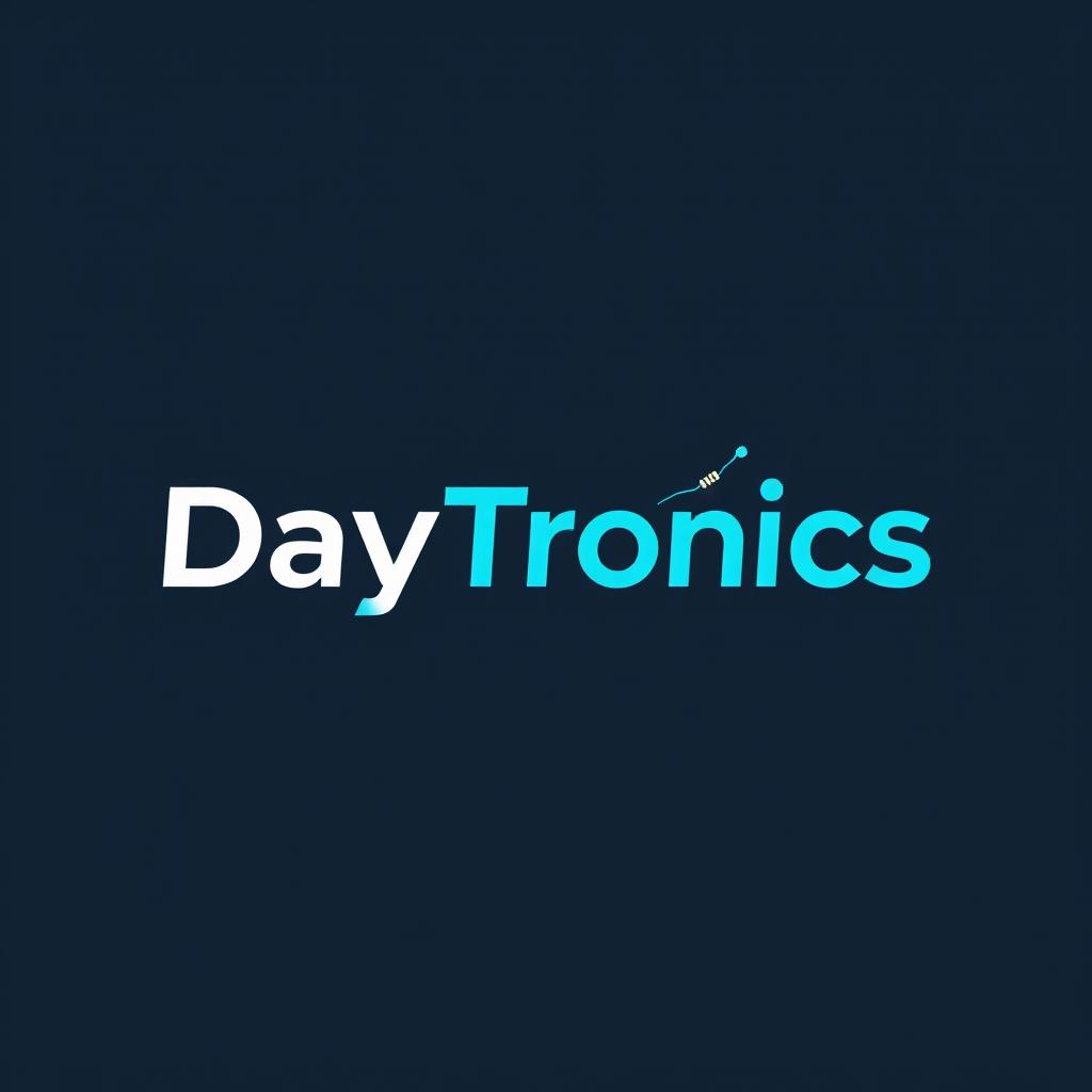 A sleek and modern logo for 'DayTronics' featuring electronic components such as circuit boards, microchips, and resistors integrated into the design