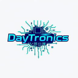 A sleek and modern logo for 'DayTronics' featuring electronic components such as circuit boards, microchips, and resistors integrated into the design