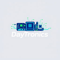 A sleek and modern logo for 'DayTronics' featuring electronic components such as circuit boards, microchips, and resistors integrated into the design