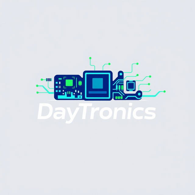 A sleek and modern logo for 'DayTronics' featuring electronic components such as circuit boards, microchips, and resistors integrated into the design