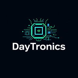 A sleek and modern logo for 'DayTronics' featuring electronic components such as circuit boards, microchips, and resistors integrated into the design