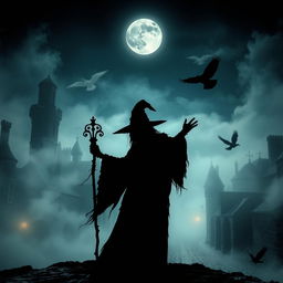 A mysterious silhouette of a witch casting a shadow over an ancient city, with cobblestone streets and medieval architecture, surrounded by fog and swirling mist