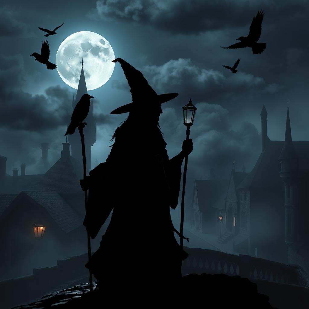 A mysterious silhouette of a witch casting a shadow over an ancient city, with cobblestone streets and medieval architecture, surrounded by fog and swirling mist