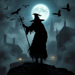 A mysterious silhouette of a witch casting a shadow over an ancient city, with cobblestone streets and medieval architecture, surrounded by fog and swirling mist