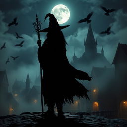 A mysterious silhouette of a witch casting a shadow over an ancient city, with cobblestone streets and medieval architecture, surrounded by fog and swirling mist