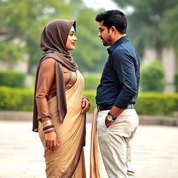 A stunning Indian Muslim woman wearing a fashionable hijab, paired with a semi-transparent, elegant blouse and a tight saree that stylishly accentuates her curves, especially her shapely hips