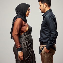 A stunning Indian Muslim woman wearing a fashionable hijab, paired with a semi-transparent, elegant blouse and a tight saree that stylishly accentuates her curves, especially her shapely hips