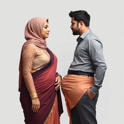 A stunning Indian Muslim woman wearing a fashionable hijab, paired with a semi-transparent, elegant blouse and a tight saree that stylishly accentuates her curves, especially her shapely hips