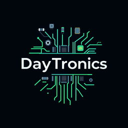 Logo design for 'DayTronics' featuring electronic components such as circuit boards, resistors, capacitors, and microchips