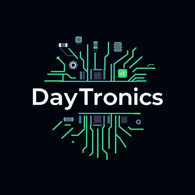 Logo design for 'DayTronics' featuring electronic components such as circuit boards, resistors, capacitors, and microchips