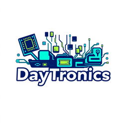Logo design for 'DayTronics' featuring electronic components such as circuit boards, resistors, capacitors, and microchips