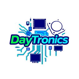 Logo design for 'DayTronics' featuring electronic components such as circuit boards, resistors, capacitors, and microchips