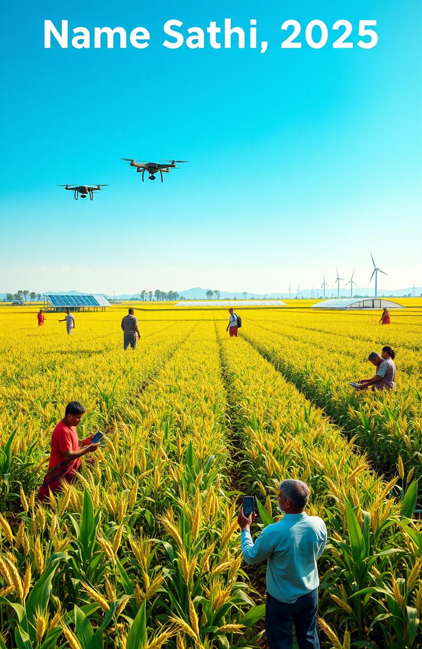 A futuristic agricultural landscape scene titled 'Name Sathi 2025'