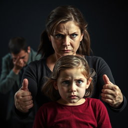 A powerful scene depicting a mother standing protectively in front of her young daughter, showcasing her stern and strong expression, embodying a sense of fierce protection