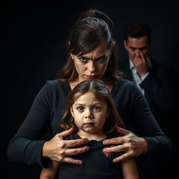 A powerful scene depicting a mother standing protectively in front of her young daughter, showcasing her stern and strong expression, embodying a sense of fierce protection