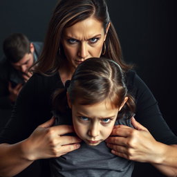A powerful scene depicting a mother standing protectively in front of her young daughter, showcasing her stern and strong expression, embodying a sense of fierce protection