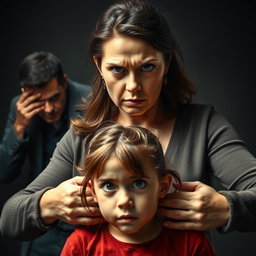 A powerful scene depicting a mother standing protectively in front of her young daughter, showcasing her stern and strong expression, embodying a sense of fierce protection