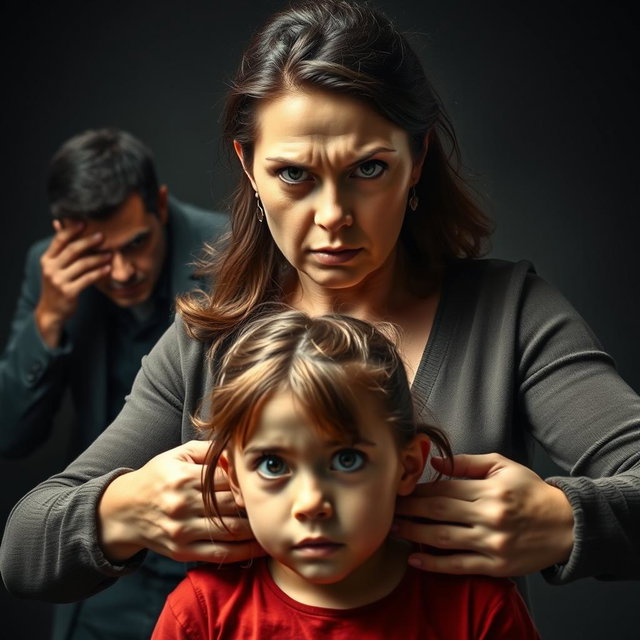 A powerful scene depicting a mother standing protectively in front of her young daughter, showcasing her stern and strong expression, embodying a sense of fierce protection
