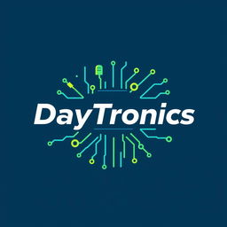 A logo design for 'DayTronics' featuring elements of electronic components such as resistors, capacitors, and circuit board traces integrated creatively
