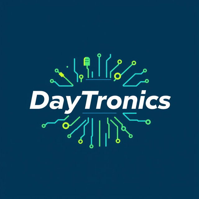 A logo design for 'DayTronics' featuring elements of electronic components such as resistors, capacitors, and circuit board traces integrated creatively