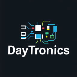 A logo design for 'DayTronics' featuring elements of electronic components such as resistors, capacitors, and circuit board traces integrated creatively