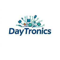 A logo design for 'DayTronics' featuring elements of electronic components such as resistors, capacitors, and circuit board traces integrated creatively